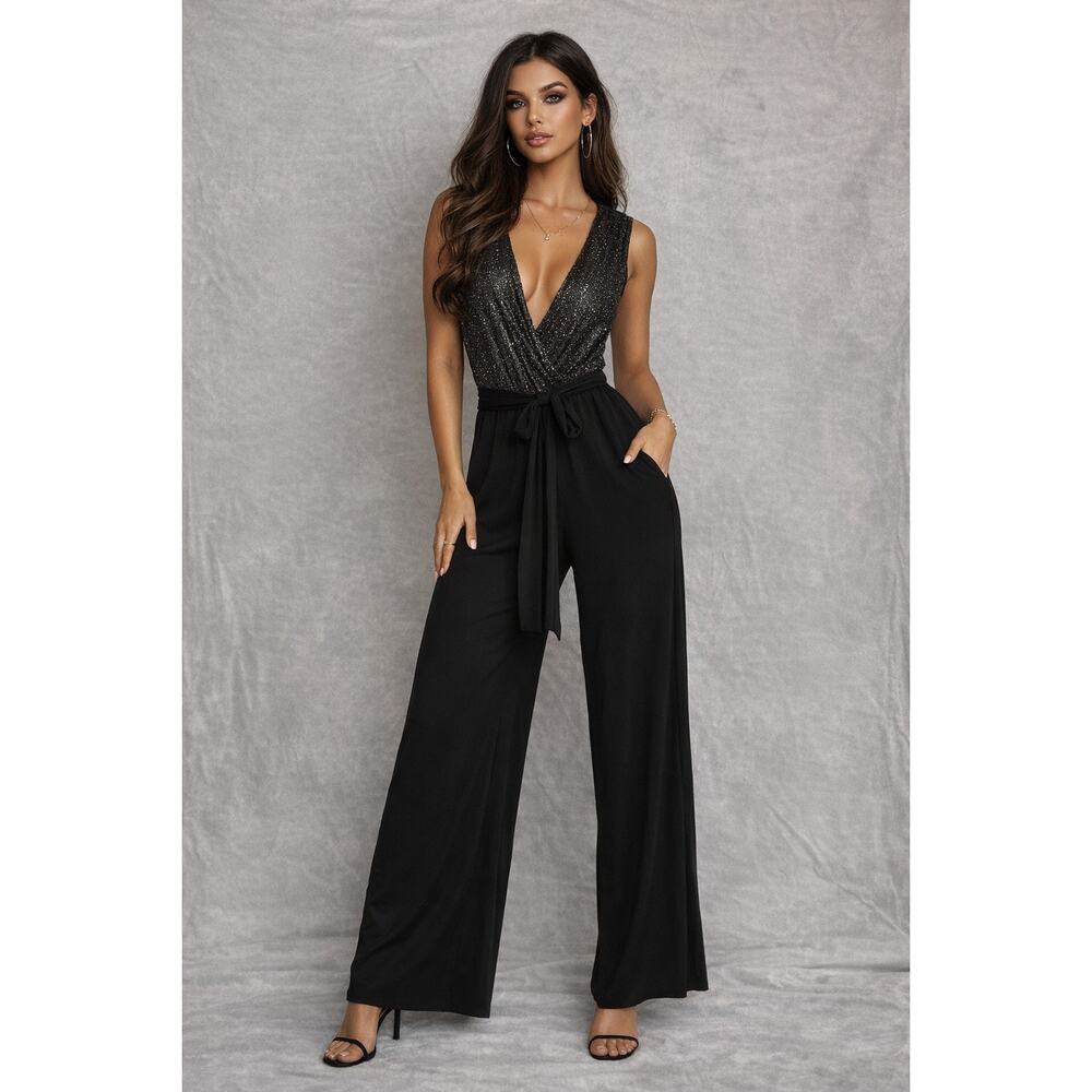 Y2K VINTAGE Tahari Black Glitter Wide Leg Jumpsuit Made USA Disco Glam XL Plunge